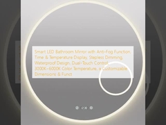 Smart LED-Badezimmerspiegel mit Nebelfunktion, Zeit- und Temperaturanzeige, schrittloser Verdunkelung, wasserdichtem Design, Dual-Touch-Steuerung, Farbtemperatur 3000K ~ 6000K, anpassbare Abmessungen und Funktion